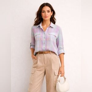 Alia Sport Pastel Plaid Crinkle Tunic Blouse Roll Tab Sleeve Button Shirt